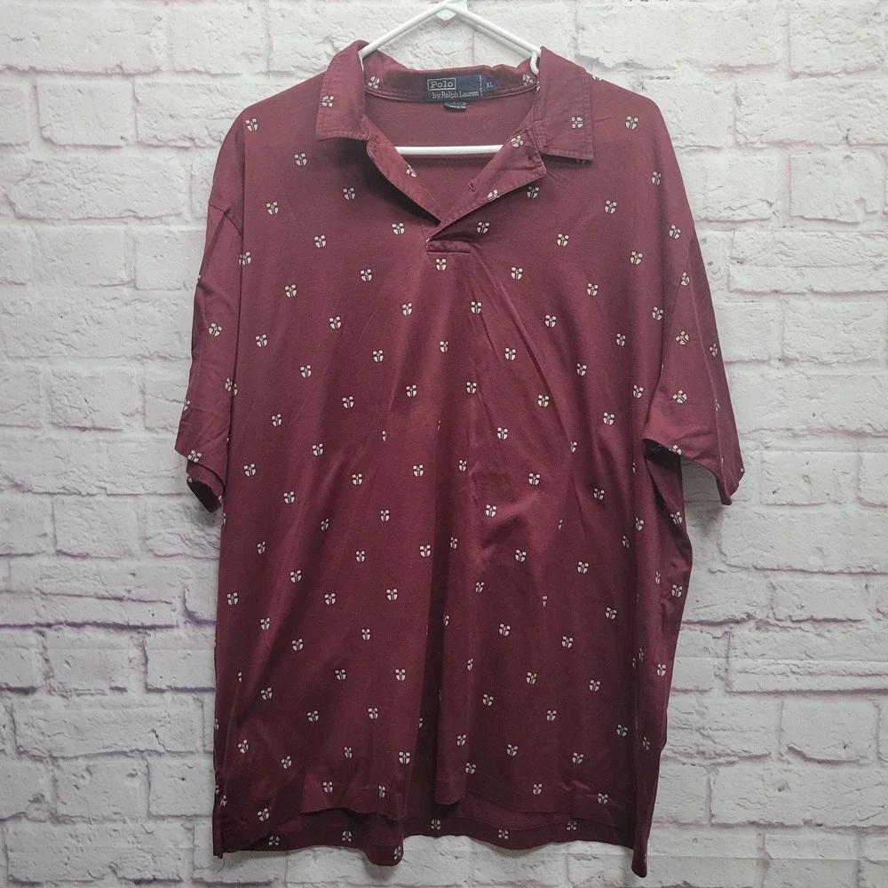 Ralph Lauren Crest All Over Print Polo Shirt Size XL Burgundy Maroon Golf Casual